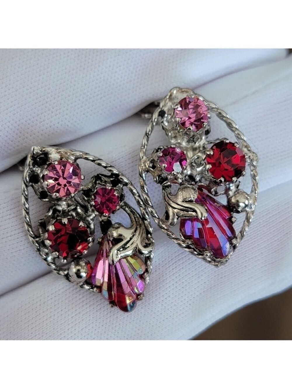 Austria Vintage Earrings Silver & Pink Clip On #1798